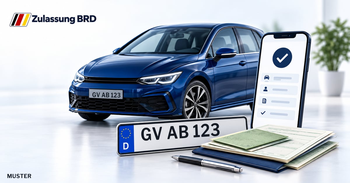 Online Fahrzeugzulassung in Meerbusch (Büderich): Musterkennzeichen GV AB 123, Auto und Fahrzeugpapiere und Smartphone. Illustration mit Logo von Zulassung BRD.